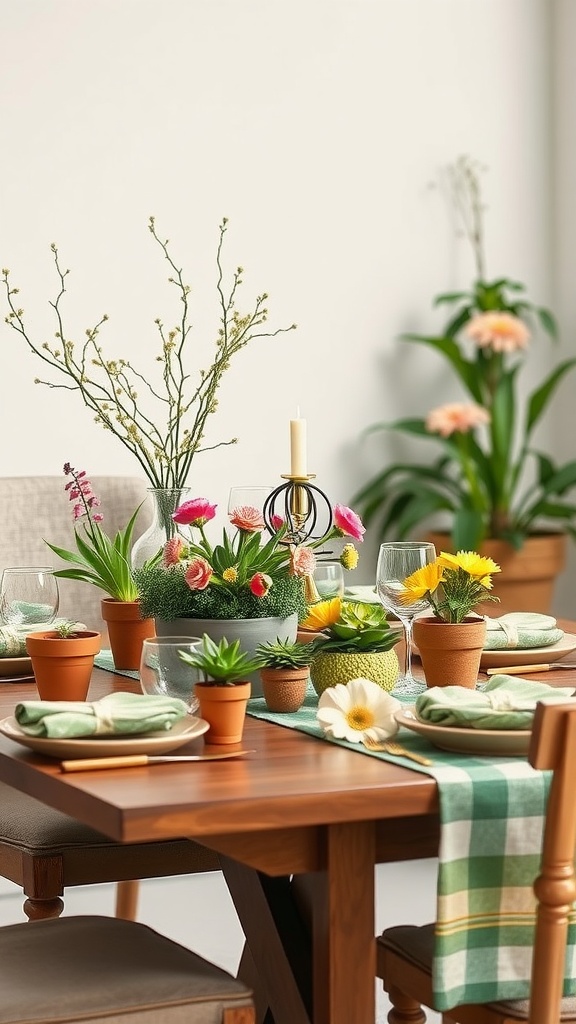 A spring dinner table decorated with flowers and plants in pots, featuring a green checkered tablecloth and elegant tableware.