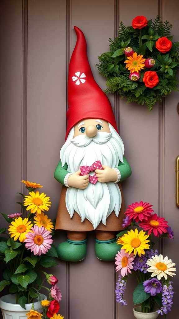 A colorful garden gnome door hanger with a red hat, surrounded by flowers and a wreath.