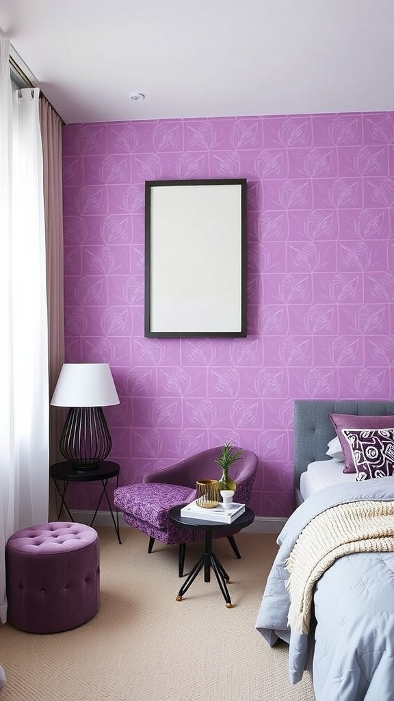 A modern purple bedroom featuring geometric patterns on the walls, with stylish furniture and natural light.