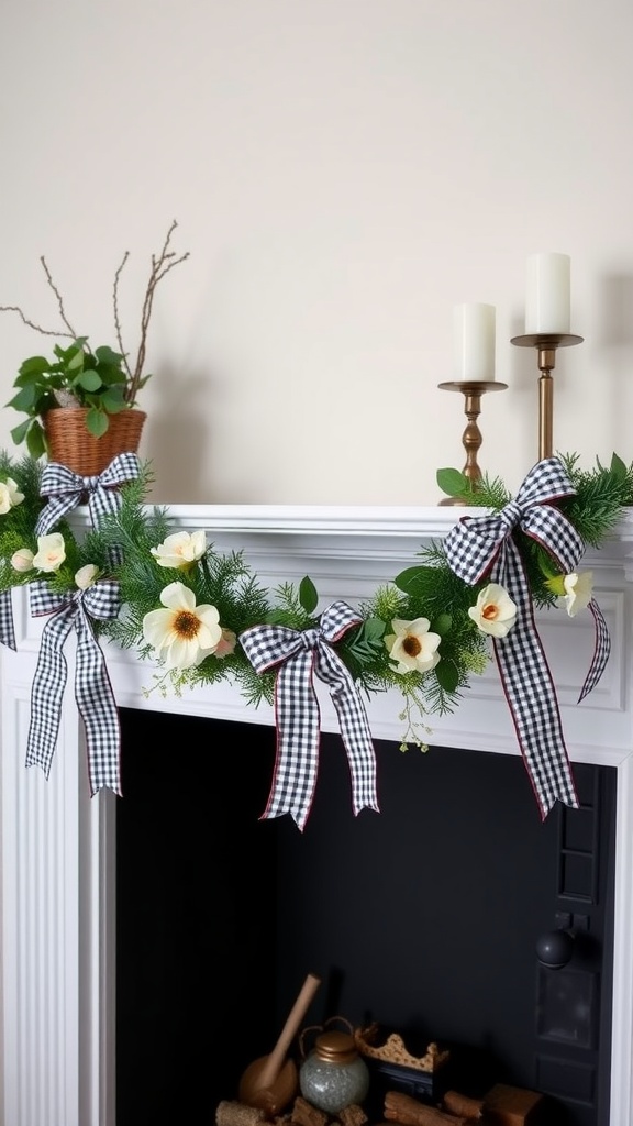 Spring garland decorated with gingham ribbon and flowers on a mantle