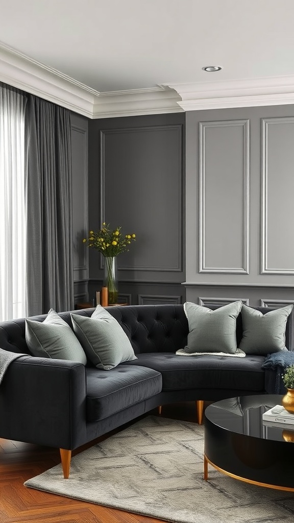 A stylish living room featuring a dark gray velvet couch with green pillows, a black coffee table, and gray paneling on the walls.