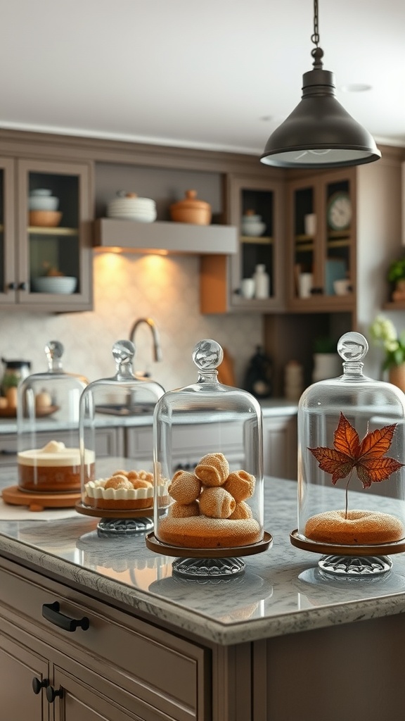 A kitchen island featuring several glass cloches displaying various decorative items.