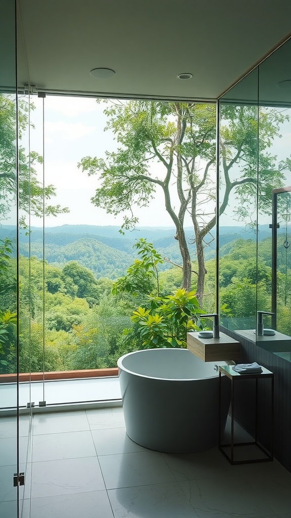 A modern bathroom with a glass wall offering views of green trees and mountains.