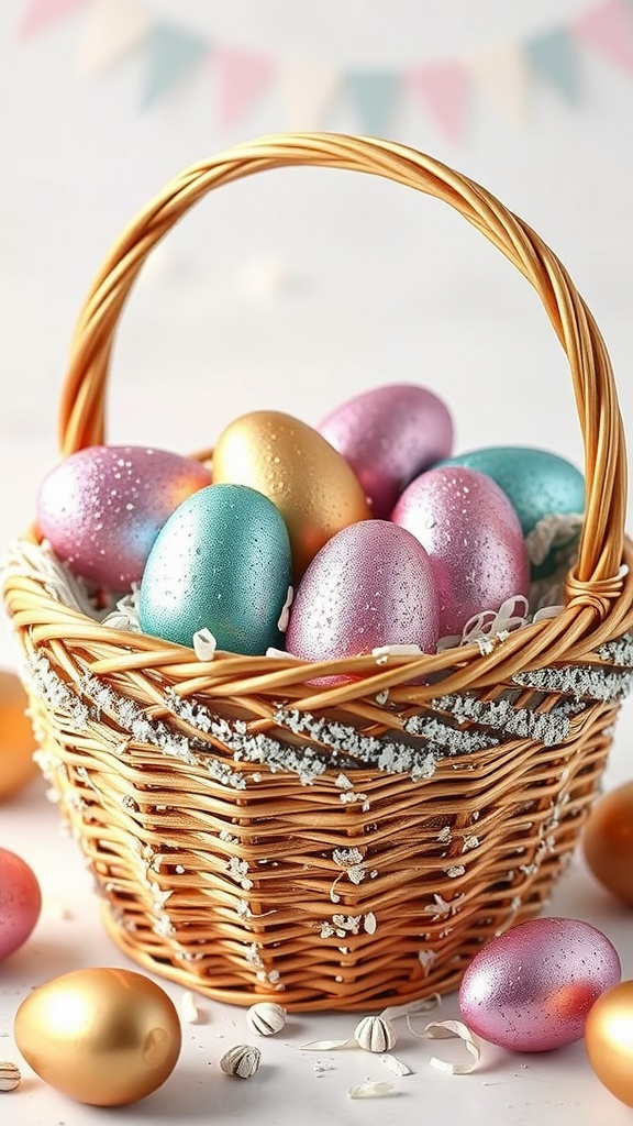 A wicker basket filled with glittery eggs in pastel colors, surrounded by more colorful eggs on a light surface.