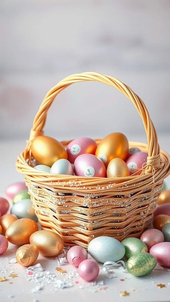 A glittered Easter basket filled with colorful eggs, with some eggs scattered around it.