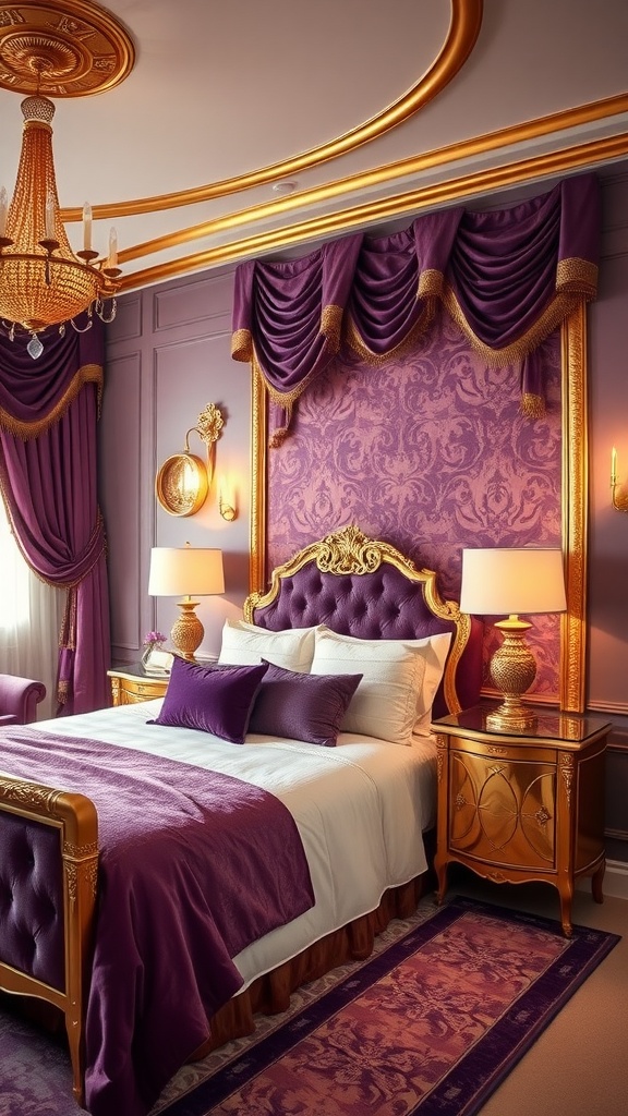 A luxurious bedroom featuring gold and purple color palette with a stylish bed and elegant decor.