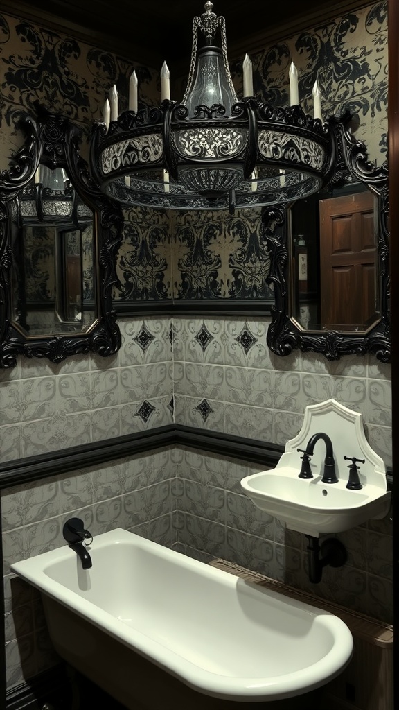 A darkly themed bathroom with ornate wallpaper, a chandelier, and vintage fixtures.