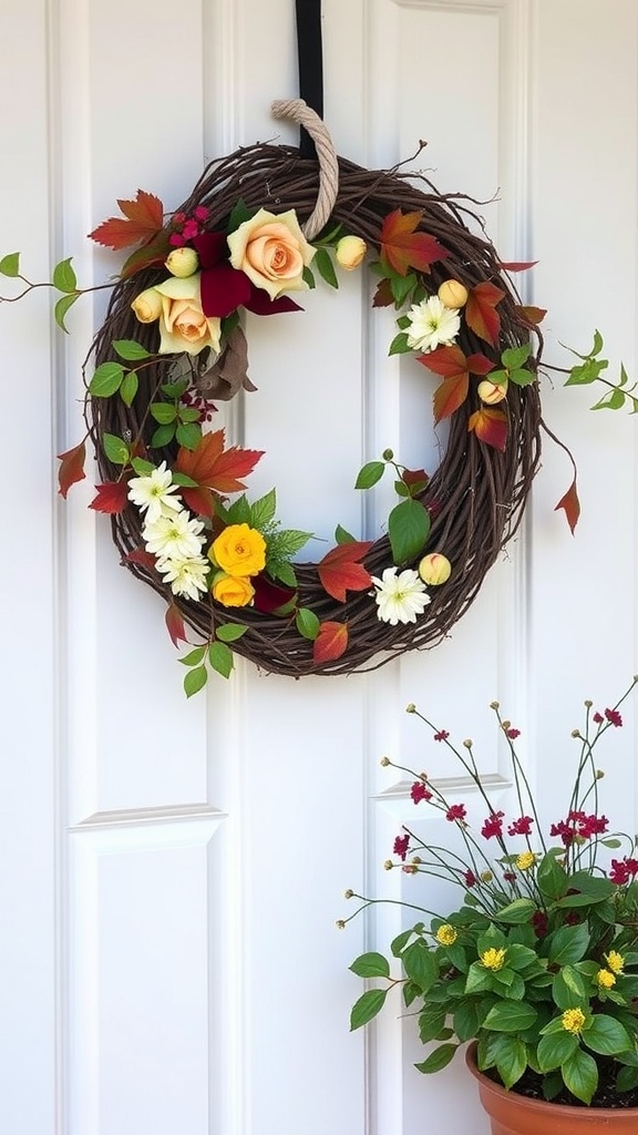 A beautiful grapevine wreath adorned with roses and other flowers, hanging on a white door.