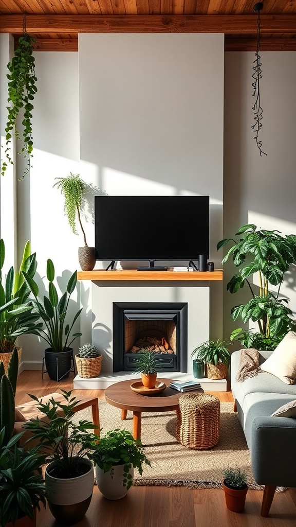 A cozy living room featuring a TV above a fireplace, surrounded by various plants and wooden decor.