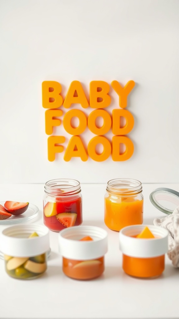 Colorful jars of baby food with letters spelling 'BABY FOOD' in bright orange.