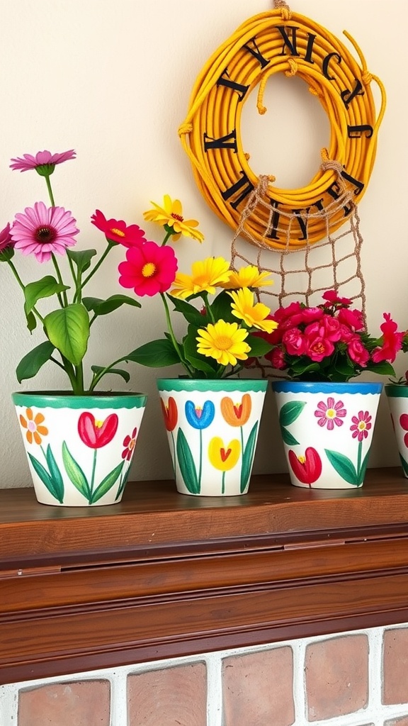 Colorful hand-painted flower pots with flowers displayed on a mantel.