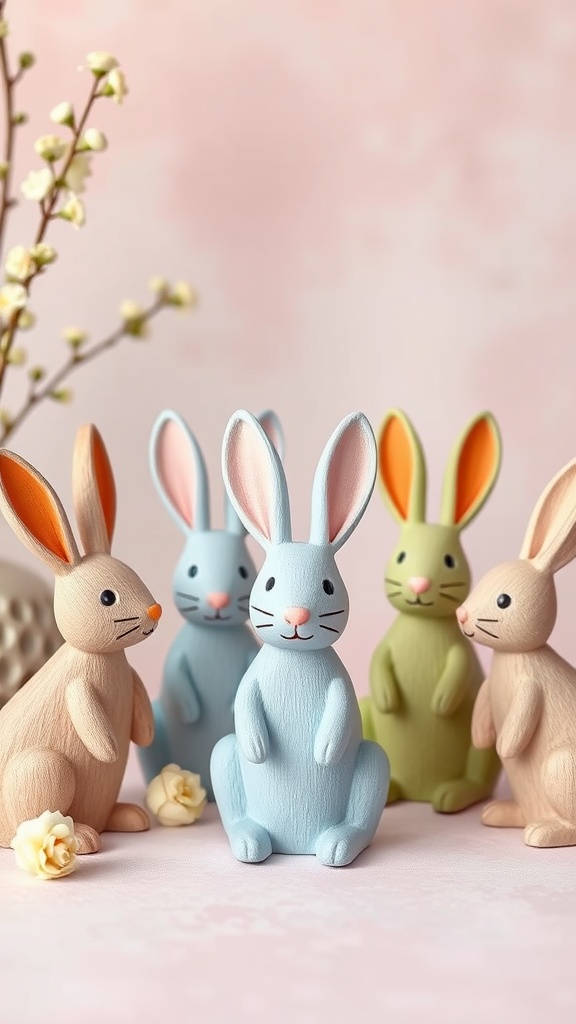 Colorful hand-painted wooden bunnies in pastel colors, displayed creatively on a light background.