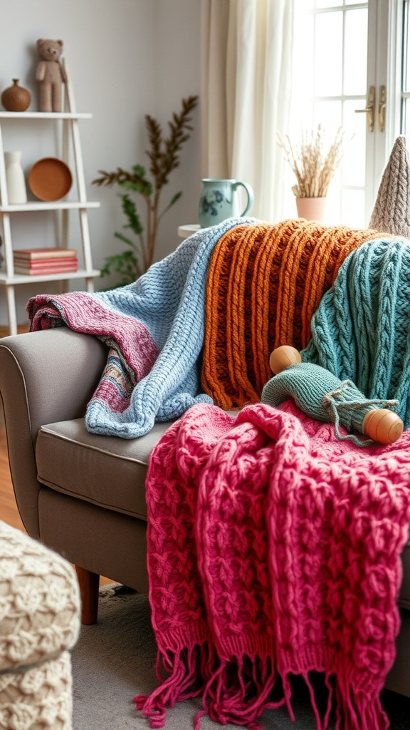 Colorful knitted throws draped over a couch in a cozy living room