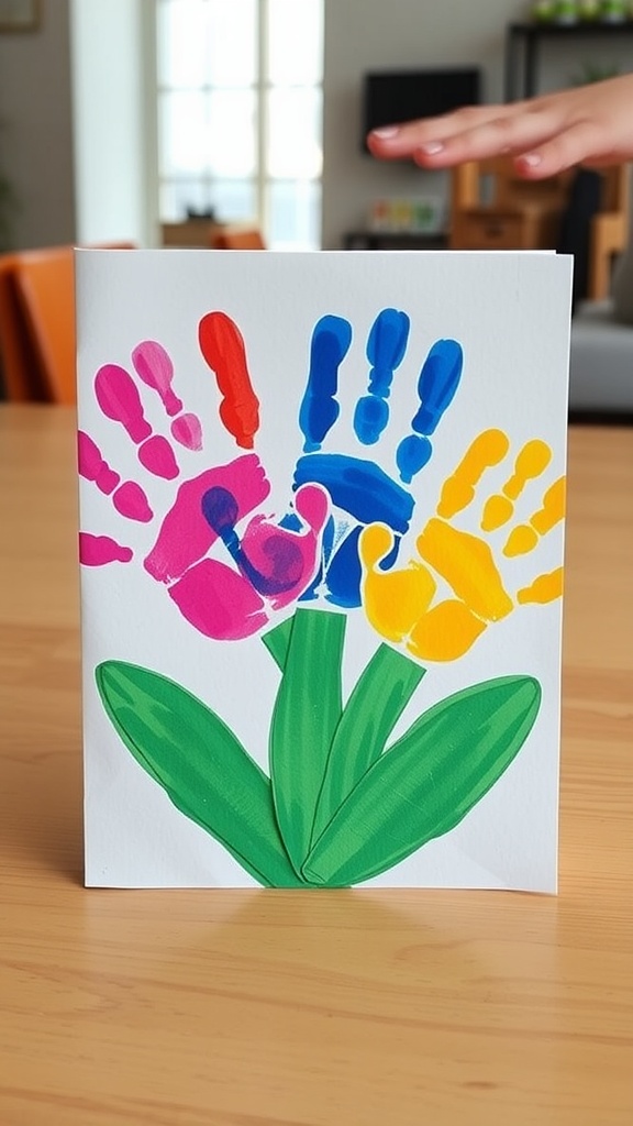 Colorful handprint flower cards made with pink, blue, and yellow handprints and green leaves.