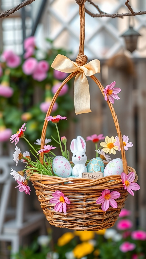 A hanging wicker basket filled with flowers, decorative eggs, and a bunny figurine, showcasing a festive Easter theme.