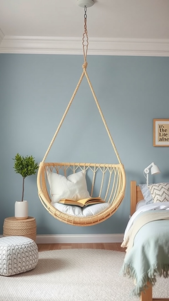 A cozy hanging chair in a bedroom with cushions and a book, surrounded by a light blue wall and decorative items.