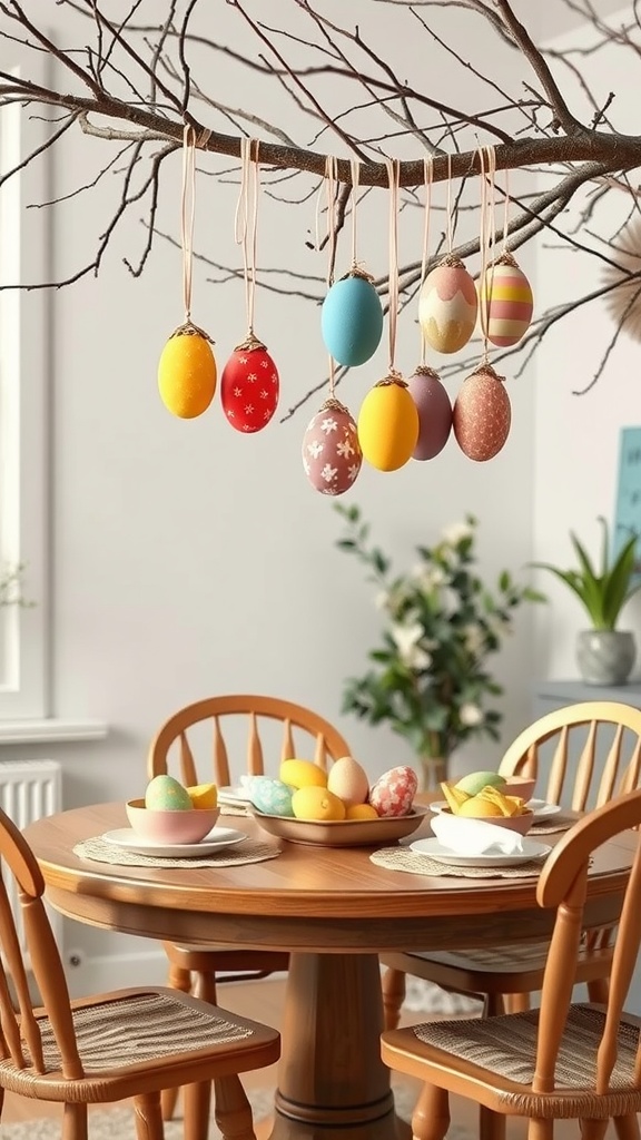 Colorful hanging egg decorations on a branch with a wooden table set for Easter.