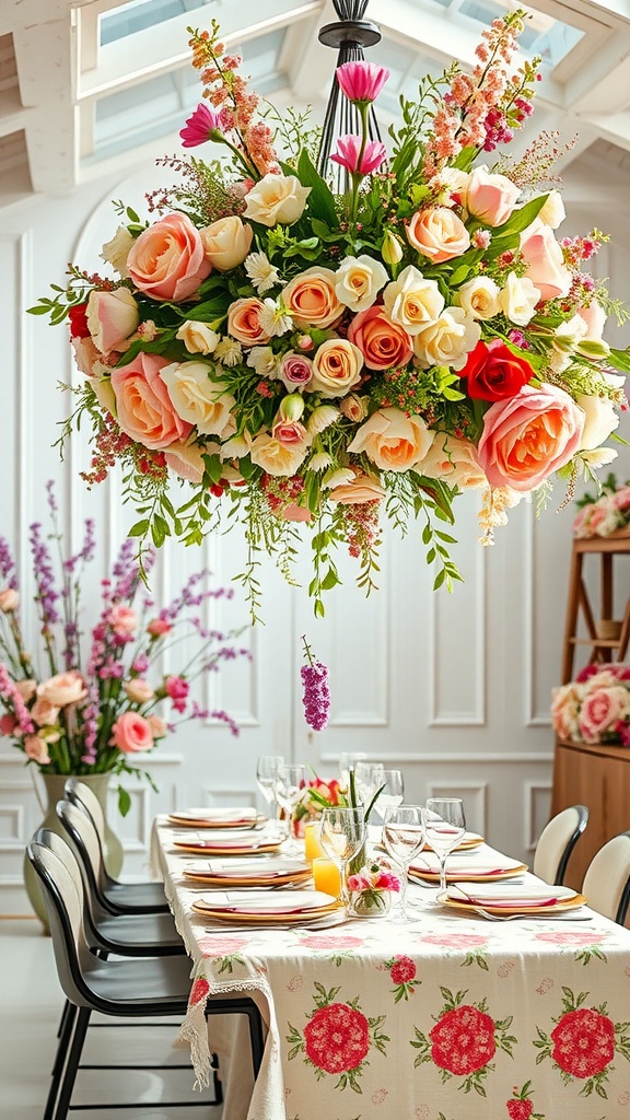 Beautiful hanging floral installation with roses and greenery above a dining table.