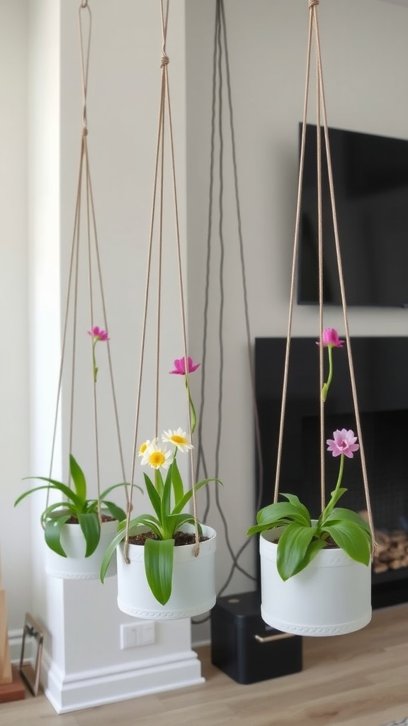 Hanging planters with colorful flowers near a TV in a modern living room.