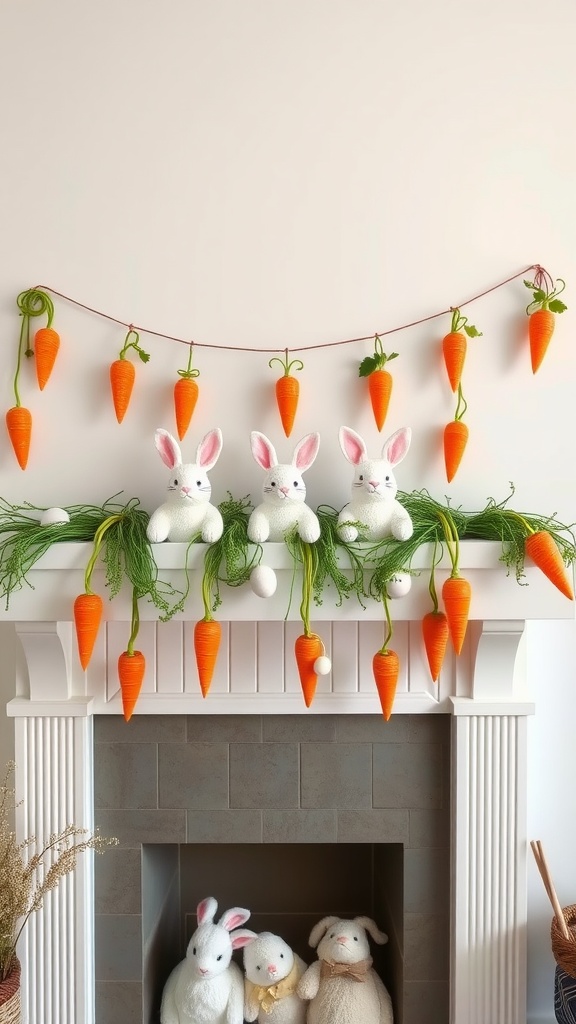 A festive Easter garland featuring white rabbits and orange carrots hanging from a mantel.