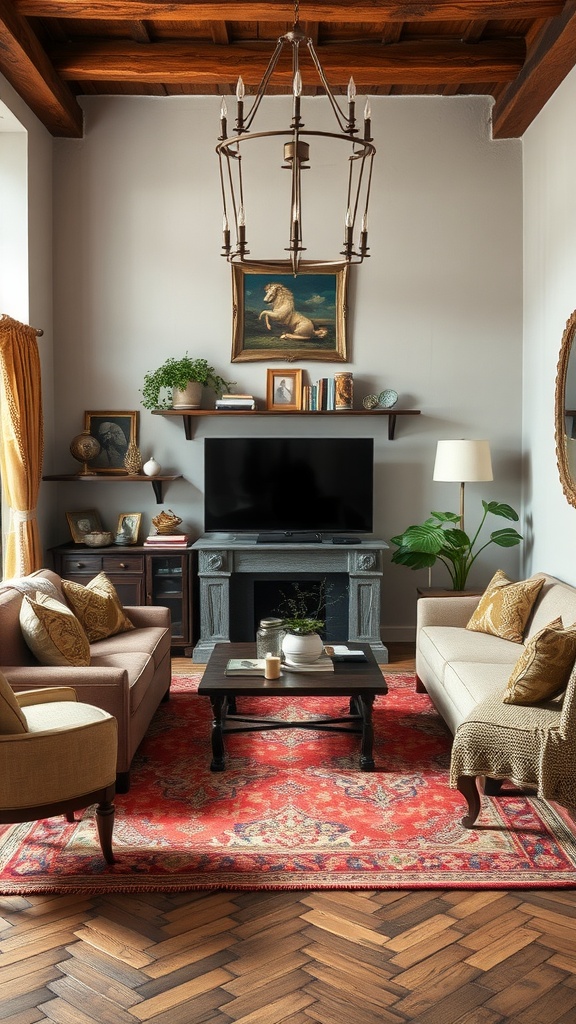 A cozy boho living room featuring a mix of vintage and modern decor.