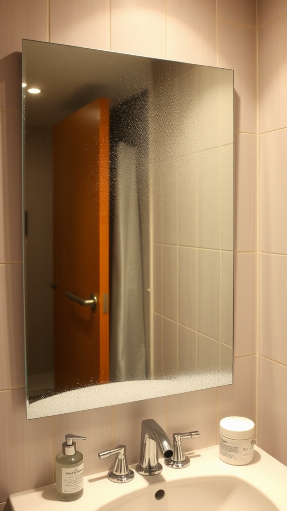 A heated bathroom mirror with slight condensation, reflecting a modern bathroom setting.