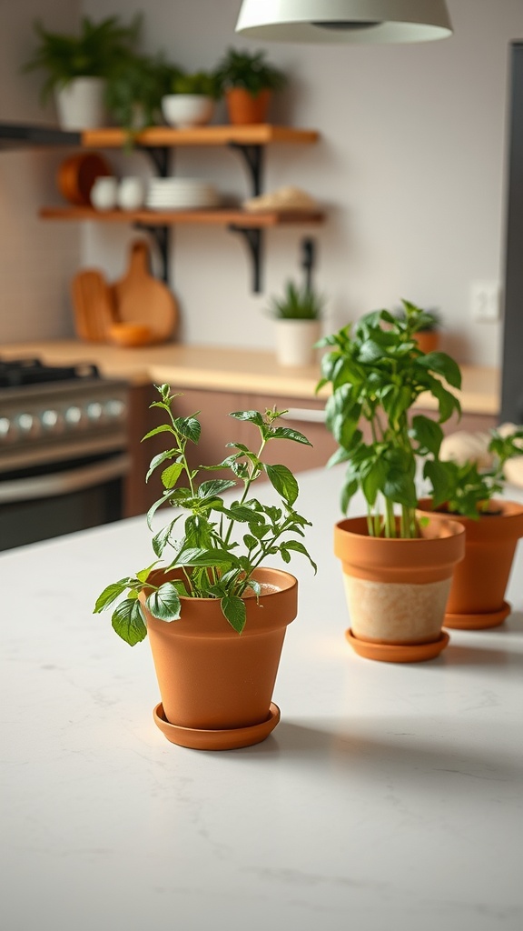 Terracotta pots with herbs on a kitchen island