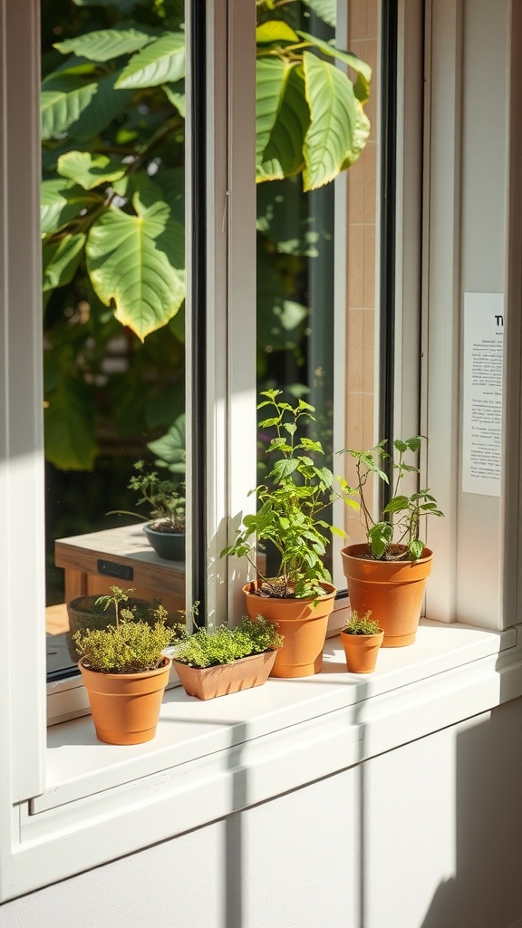 A sunny windowsill adorned with various herb planters in terracotta pots.