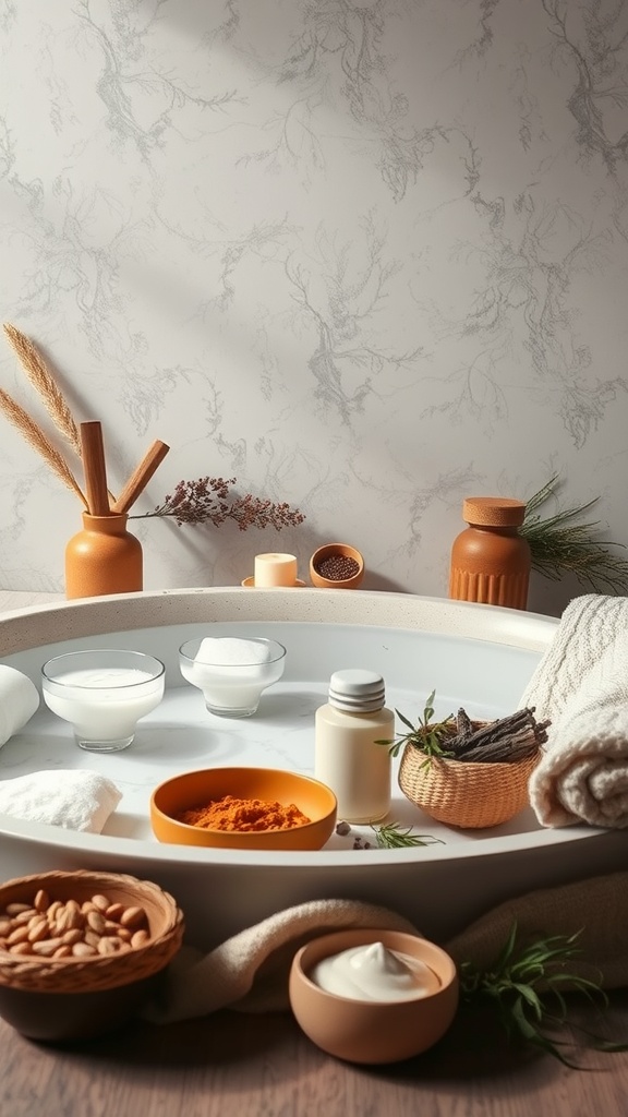 A serene Japanese bath setup featuring natural ingredients for herbal bathing rituals.