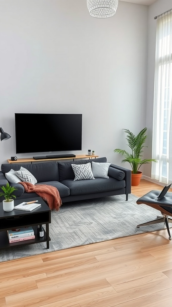 Modern living room featuring a dark gray couch with a flat-screen TV and stylish decor