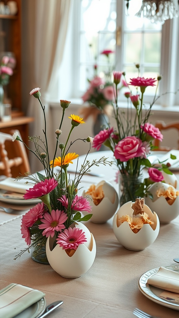 A dining table with hollowed-out egg centerpieces filled with flowers in vibrant colors.