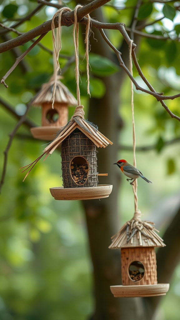 Image of homemade bird feeders hanging on tree branches with a bird nearby