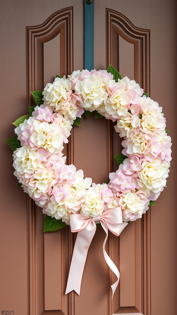 A beautiful hydrangea wreath with pink and white flowers and a ribbon, hanging on a brown door.