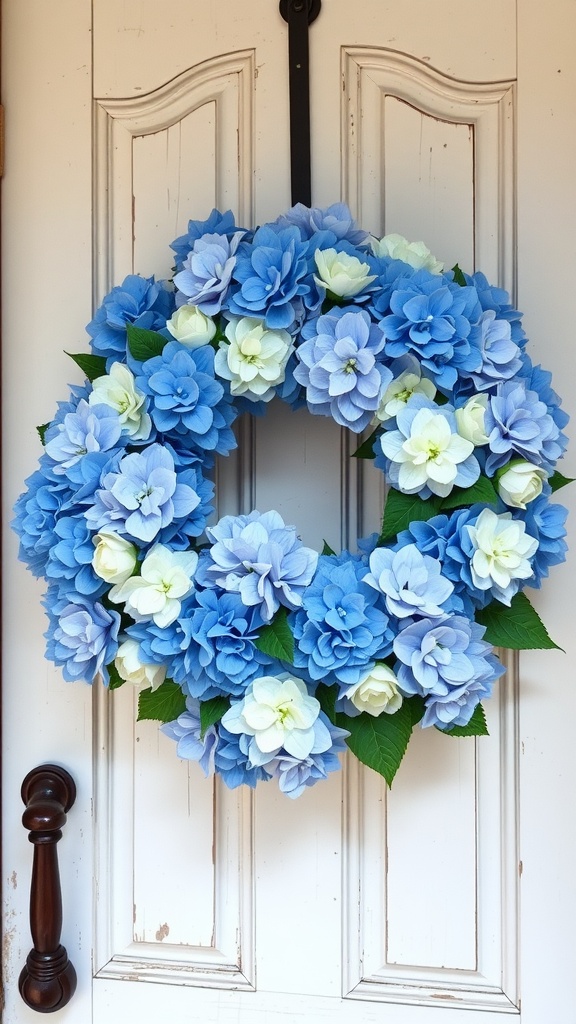 A beautiful blue hydrangea wreath hanging on a door.