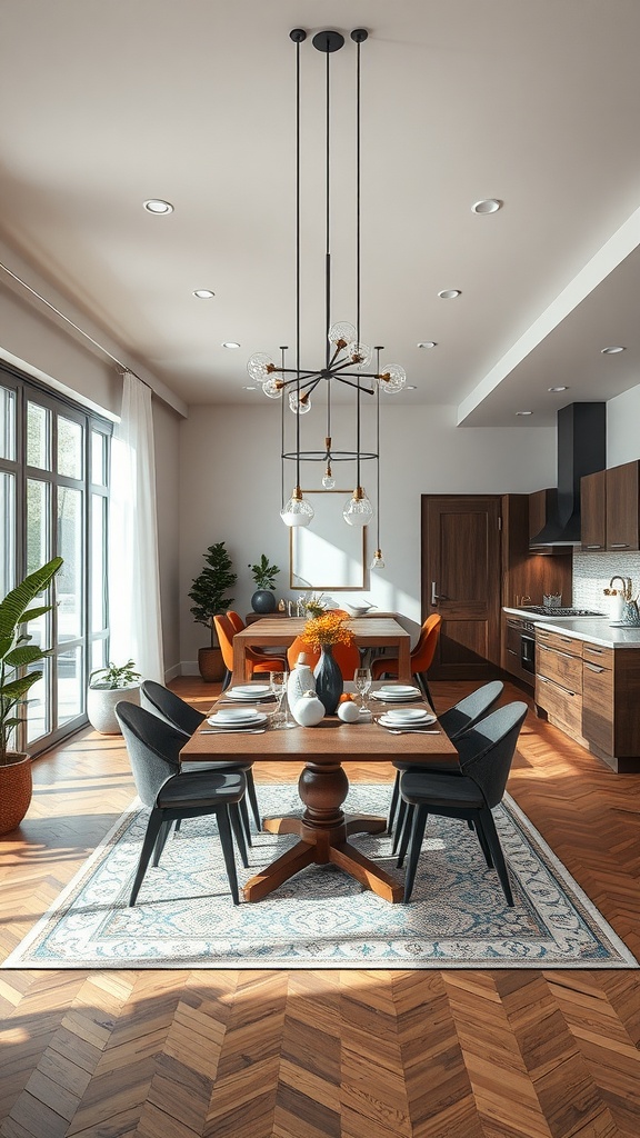 A dining area beautifully integrated with a kitchen, featuring a wooden table, stylish chairs, and contemporary lighting.