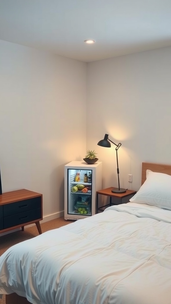 Cozy shared bedroom featuring a small mini fridge next to a bed.