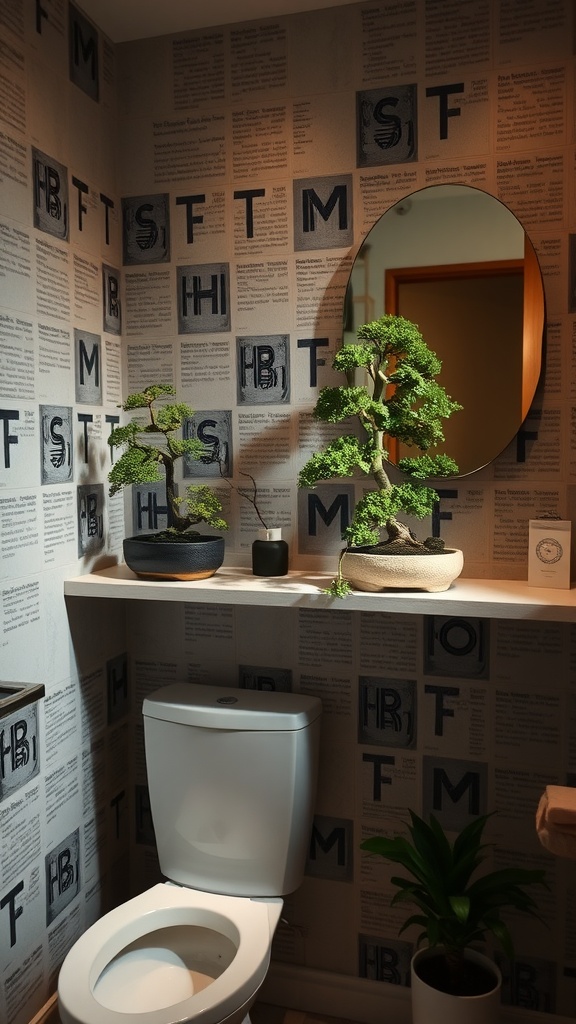 A bathroom with two bonsai plants on a shelf above the toilet, featuring patterned wallpaper and a round mirror.