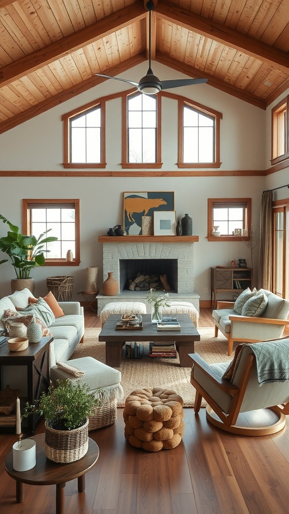 A cozy ranch-style living room featuring wooden beams, a stone fireplace, comfortable seating, and plants.