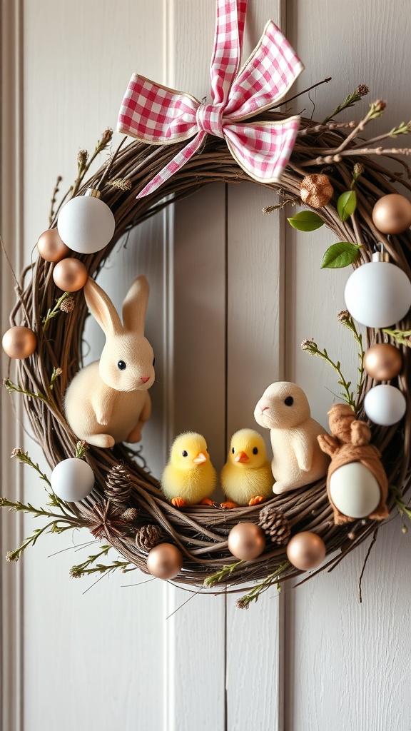 A decorative Easter wreath featuring miniature bunnies and chicks, with a pink gingham bow and various decorative elements.