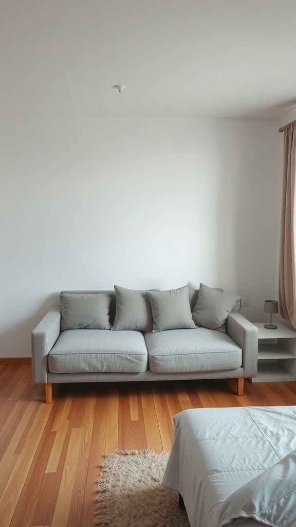 A small shared bedroom featuring a gray sofa with cushions, a side table, and a neatly made bed.