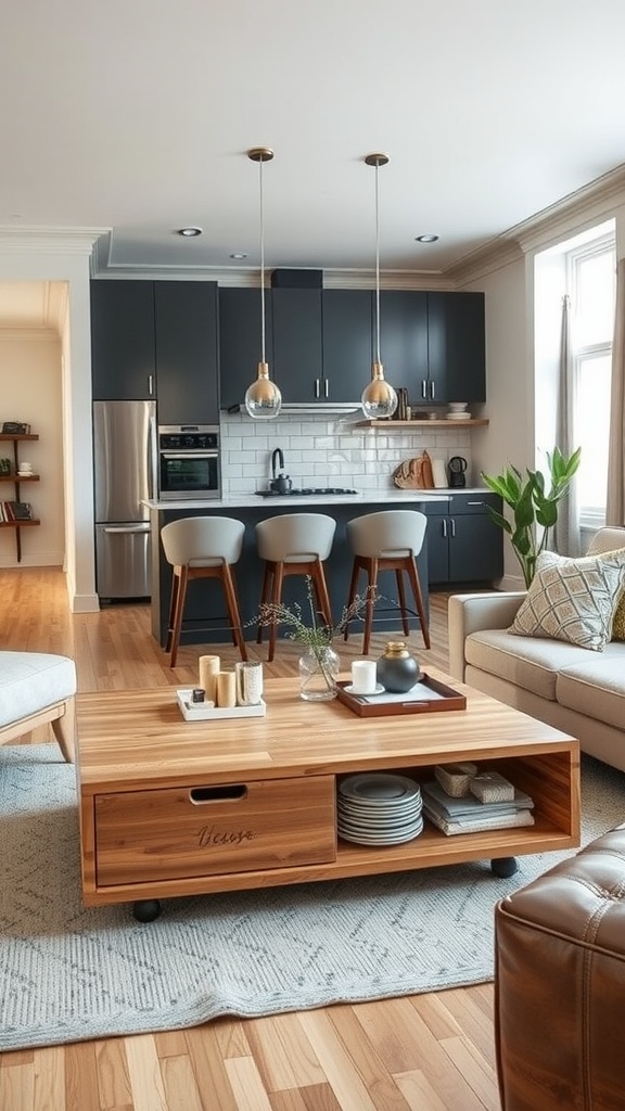 A stylish living room and kitchen area with a wooden coffee table, bar stools, and plants.