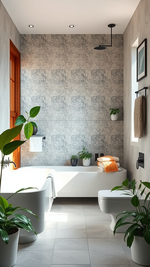 A modern Japanese bathroom with a bathtub, toilet, and plants