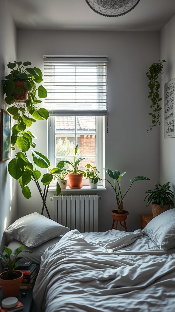 A small shared bedroom with a bed, books, and various green plants by the window.