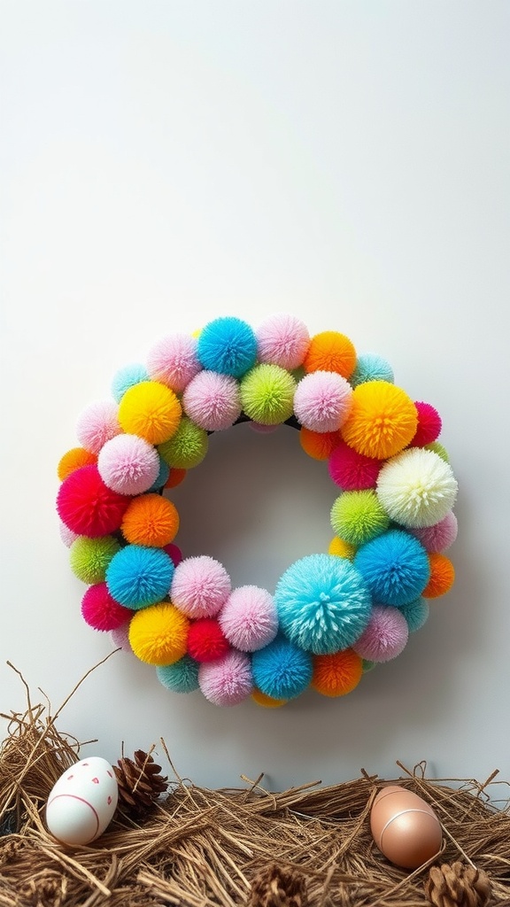 A colorful pom-pom wreath displayed on a wall, surrounded by decorative Easter eggs.