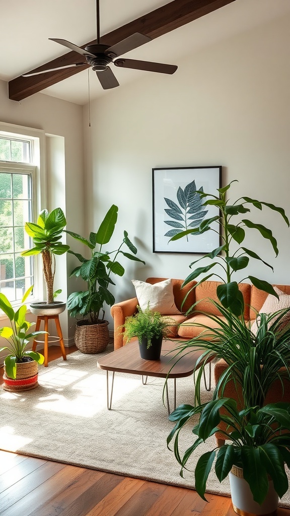 A cozy ranch-style living room with various indoor plants, an orange sofa, and a wooden coffee table.