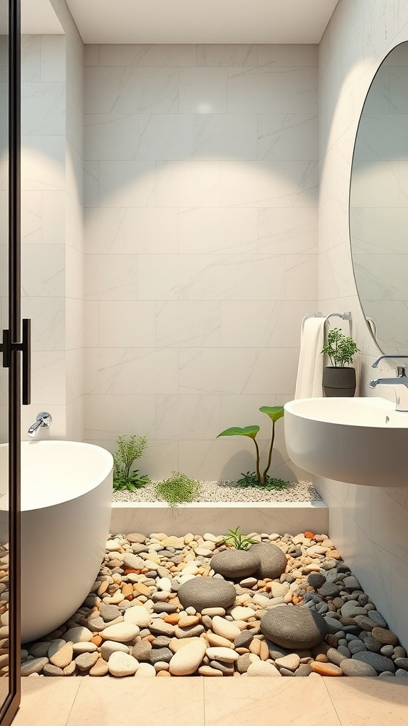 A modern bathroom with an indoor zen garden featuring pebbles, plants, a rounded bathtub, and a sleek sink.