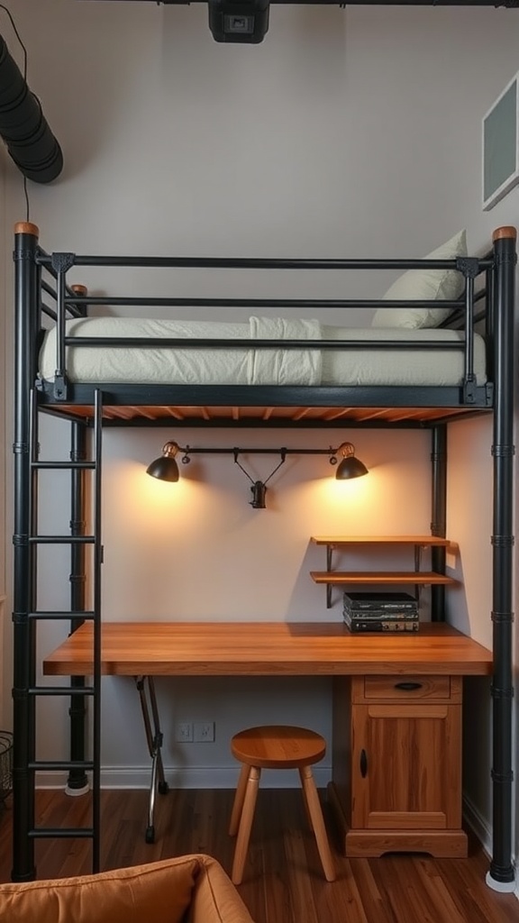 An industrial-style loft bed with a workspace underneath, featuring a black metal frame and a wooden desk.