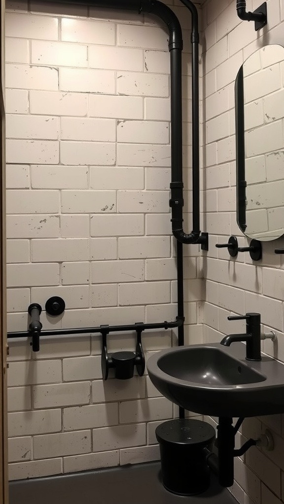 A small bathroom featuring industrial black fixtures against a white brick wall.