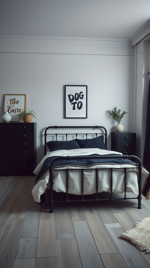 Industrial black metal furniture in a modern bedroom with a sleek bed frame and dark nightstands.