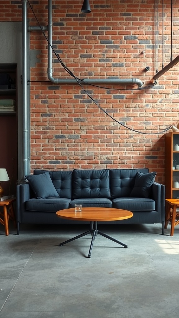 A stylish dark gray couch in an industrial loft setting with exposed brick walls and a wooden coffee table.